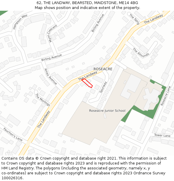62, THE LANDWAY, BEARSTED, MAIDSTONE, ME14 4BG: Location map and indicative extent of plot