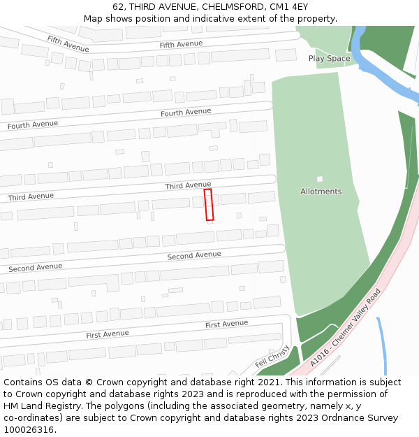 62, THIRD AVENUE, CHELMSFORD, CM1 4EY: Location map and indicative extent of plot