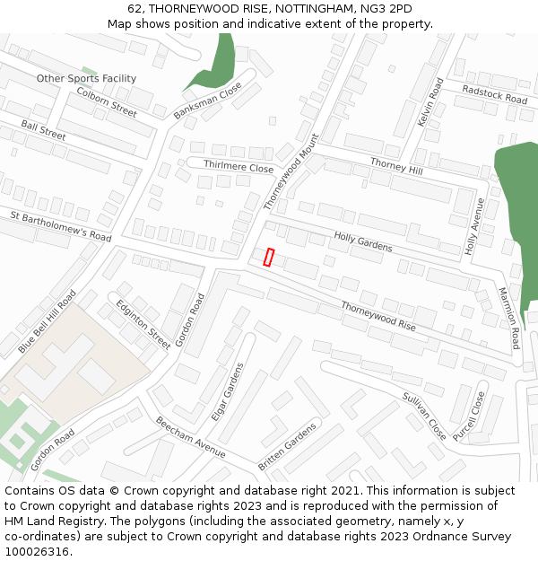 62, THORNEYWOOD RISE, NOTTINGHAM, NG3 2PD: Location map and indicative extent of plot