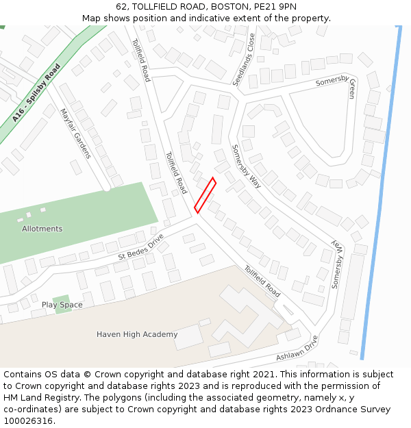 62, TOLLFIELD ROAD, BOSTON, PE21 9PN: Location map and indicative extent of plot