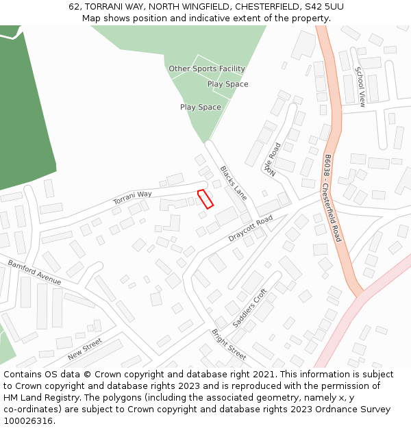 62, TORRANI WAY, NORTH WINGFIELD, CHESTERFIELD, S42 5UU: Location map and indicative extent of plot