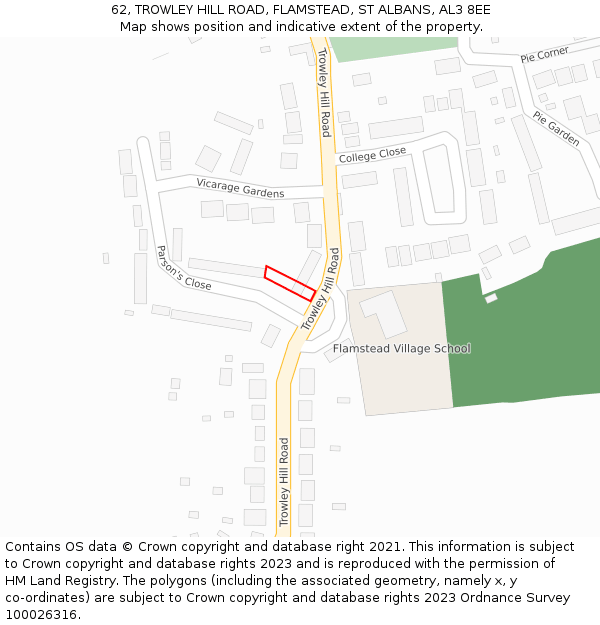 62, TROWLEY HILL ROAD, FLAMSTEAD, ST ALBANS, AL3 8EE: Location map and indicative extent of plot