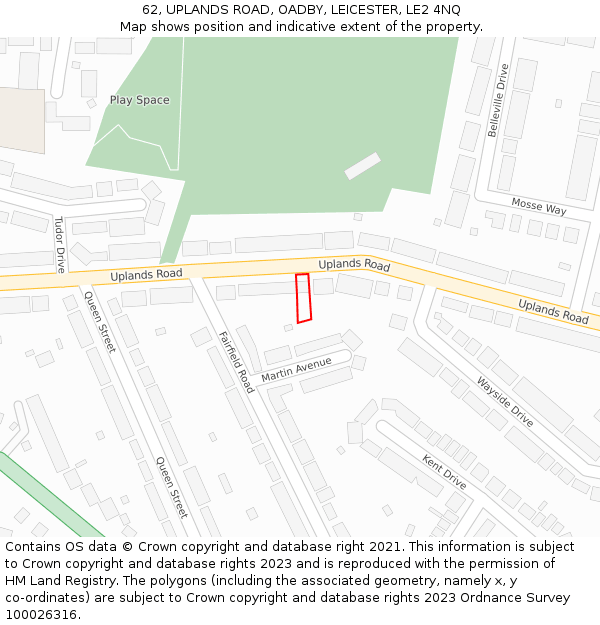 62, UPLANDS ROAD, OADBY, LEICESTER, LE2 4NQ: Location map and indicative extent of plot