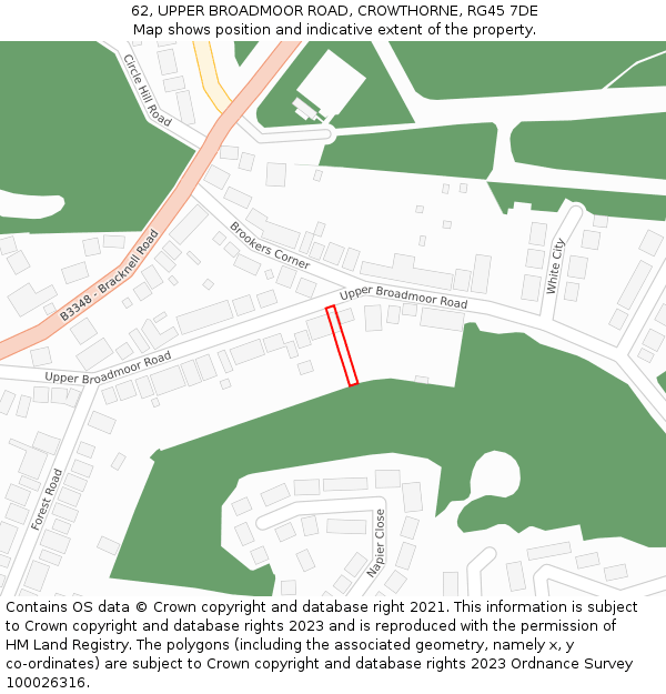 62, UPPER BROADMOOR ROAD, CROWTHORNE, RG45 7DE: Location map and indicative extent of plot