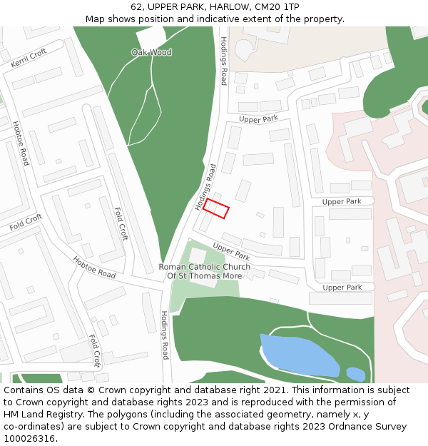 62, UPPER PARK, HARLOW, CM20 1TP: Location map and indicative extent of plot