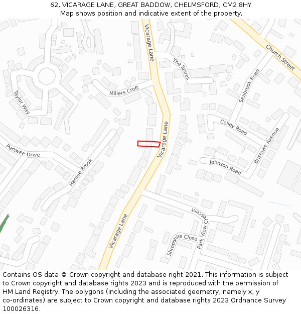 62, VICARAGE LANE, GREAT BADDOW, CHELMSFORD, CM2 8HY: Location map and indicative extent of plot