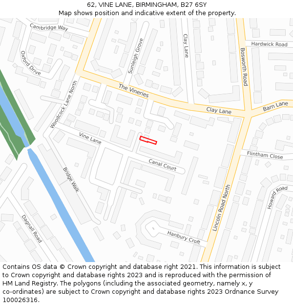 62, VINE LANE, BIRMINGHAM, B27 6SY: Location map and indicative extent of plot