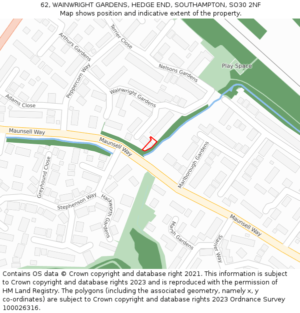 62, WAINWRIGHT GARDENS, HEDGE END, SOUTHAMPTON, SO30 2NF: Location map and indicative extent of plot