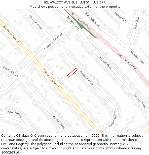 62, WALCOT AVENUE, LUTON, LU2 0PR: Location map and indicative extent of plot