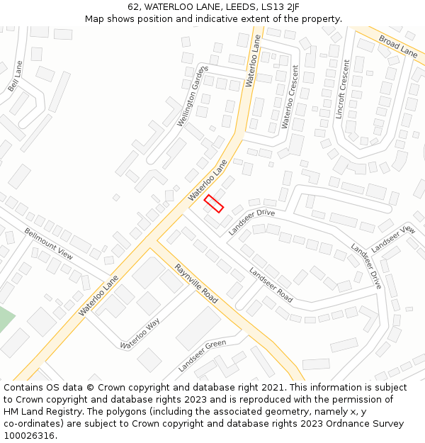 62, WATERLOO LANE, LEEDS, LS13 2JF: Location map and indicative extent of plot