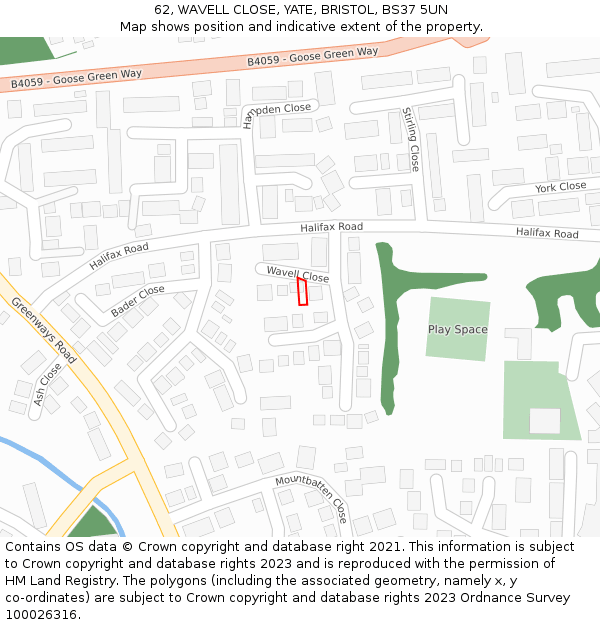 62, WAVELL CLOSE, YATE, BRISTOL, BS37 5UN: Location map and indicative extent of plot