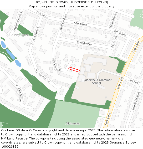 62, WELLFIELD ROAD, HUDDERSFIELD, HD3 4BJ: Location map and indicative extent of plot