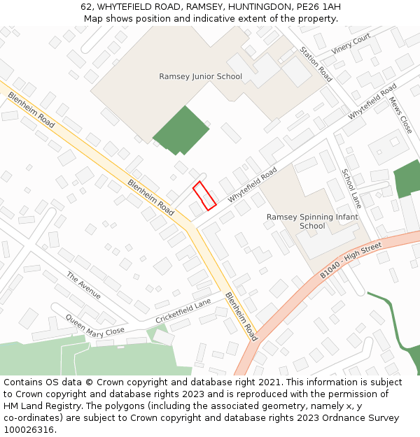 62, WHYTEFIELD ROAD, RAMSEY, HUNTINGDON, PE26 1AH: Location map and indicative extent of plot