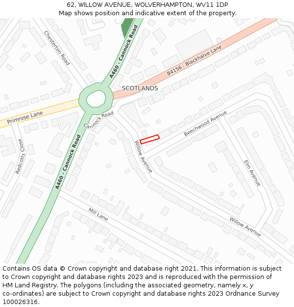 62, WILLOW AVENUE, WOLVERHAMPTON, WV11 1DP: Location map and indicative extent of plot