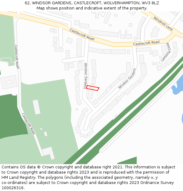 62, WINDSOR GARDENS, CASTLECROFT, WOLVERHAMPTON, WV3 8LZ: Location map and indicative extent of plot