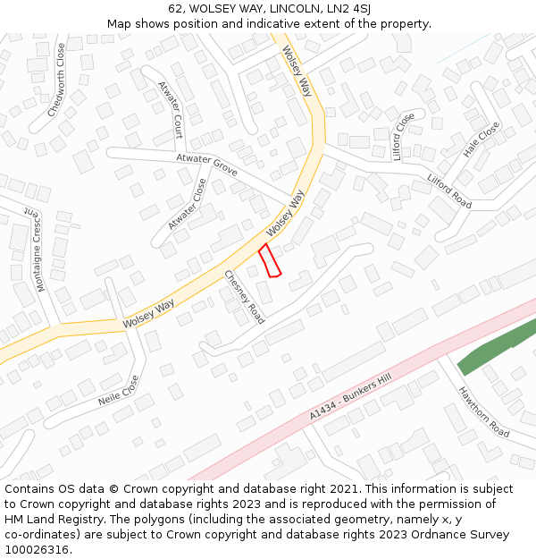 62, WOLSEY WAY, LINCOLN, LN2 4SJ: Location map and indicative extent of plot