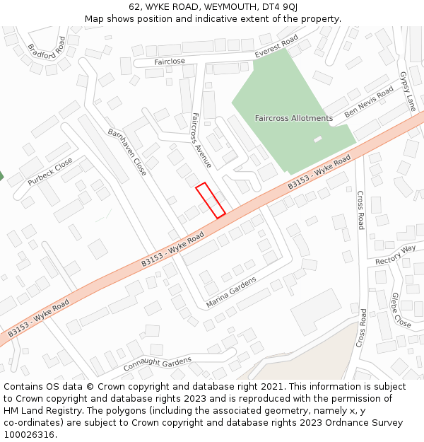 62, WYKE ROAD, WEYMOUTH, DT4 9QJ: Location map and indicative extent of plot