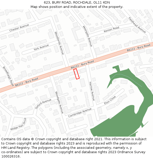 623, BURY ROAD, ROCHDALE, OL11 4DN: Location map and indicative extent of plot