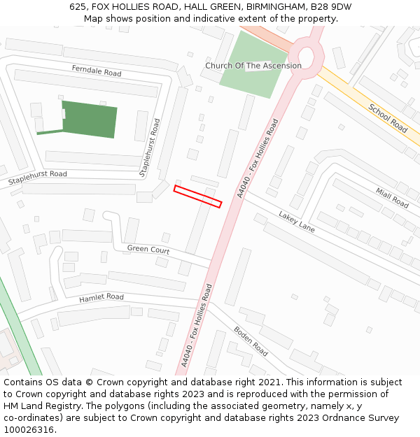625, FOX HOLLIES ROAD, HALL GREEN, BIRMINGHAM, B28 9DW: Location map and indicative extent of plot