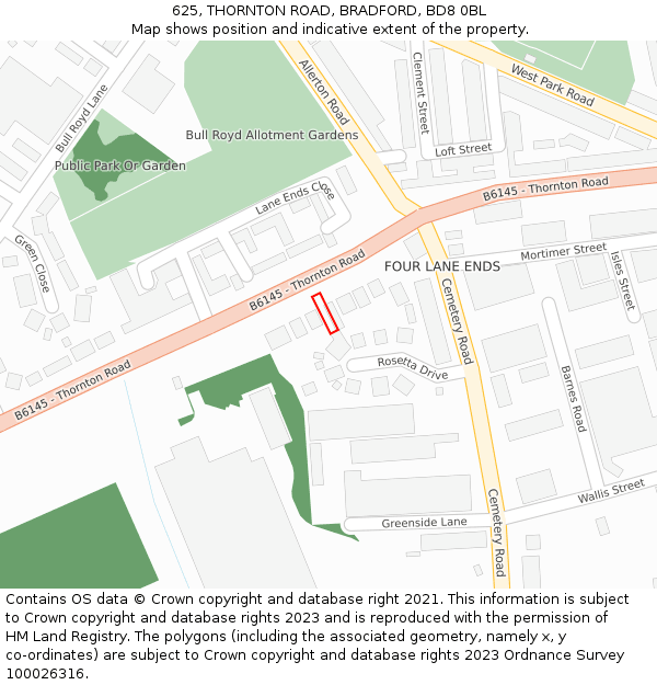 625, THORNTON ROAD, BRADFORD, BD8 0BL: Location map and indicative extent of plot