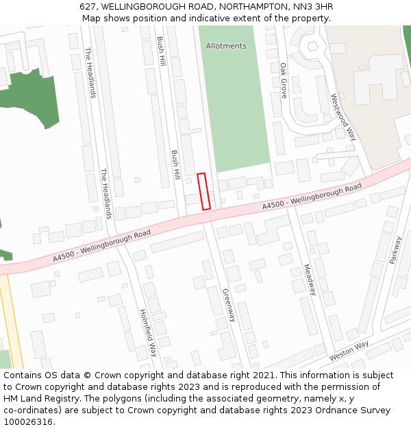 627, WELLINGBOROUGH ROAD, NORTHAMPTON, NN3 3HR: Location map and indicative extent of plot