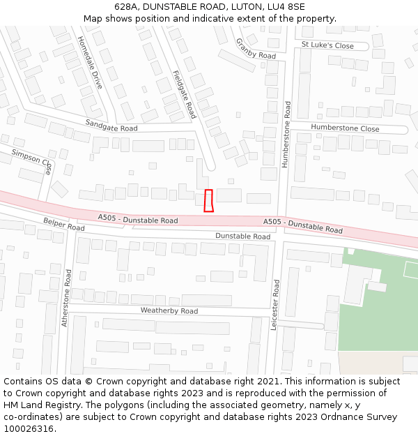 628A, DUNSTABLE ROAD, LUTON, LU4 8SE: Location map and indicative extent of plot