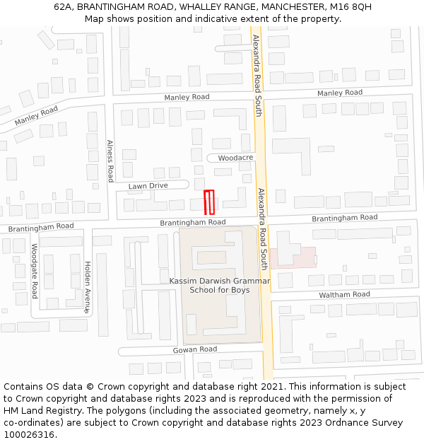 62A, BRANTINGHAM ROAD, WHALLEY RANGE, MANCHESTER, M16 8QH: Location map and indicative extent of plot