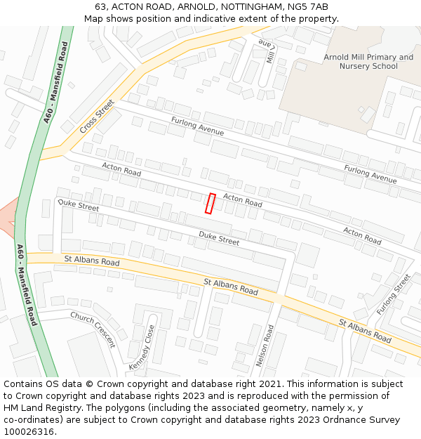 63, ACTON ROAD, ARNOLD, NOTTINGHAM, NG5 7AB: Location map and indicative extent of plot