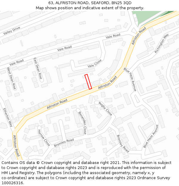 63, ALFRISTON ROAD, SEAFORD, BN25 3QD: Location map and indicative extent of plot