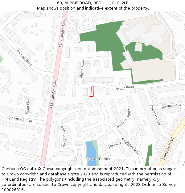 63, ALPINE ROAD, REDHILL, RH1 2LE: Location map and indicative extent of plot