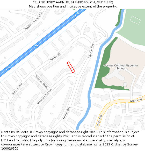 63, ANGLESEY AVENUE, FARNBOROUGH, GU14 8SQ: Location map and indicative extent of plot