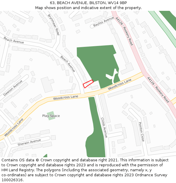 63, BEACH AVENUE, BILSTON, WV14 9BP: Location map and indicative extent of plot