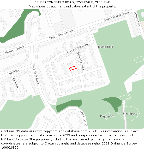63, BEACONSFIELD ROAD, ROCHDALE, OL11 2WE: Location map and indicative extent of plot