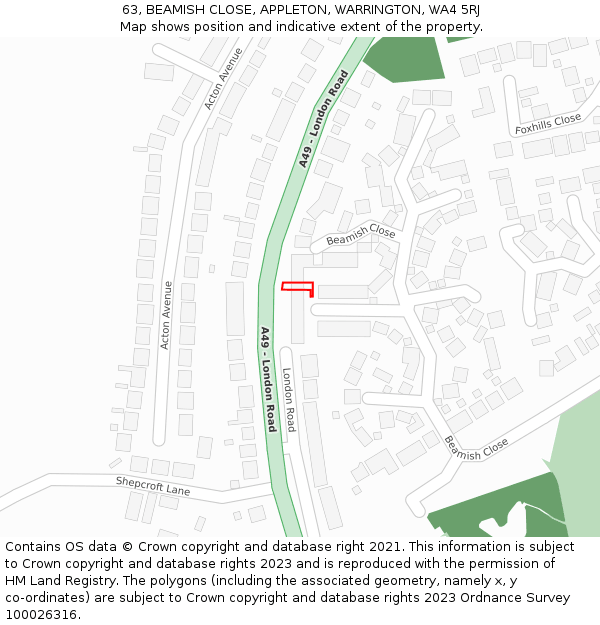 63, BEAMISH CLOSE, APPLETON, WARRINGTON, WA4 5RJ: Location map and indicative extent of plot