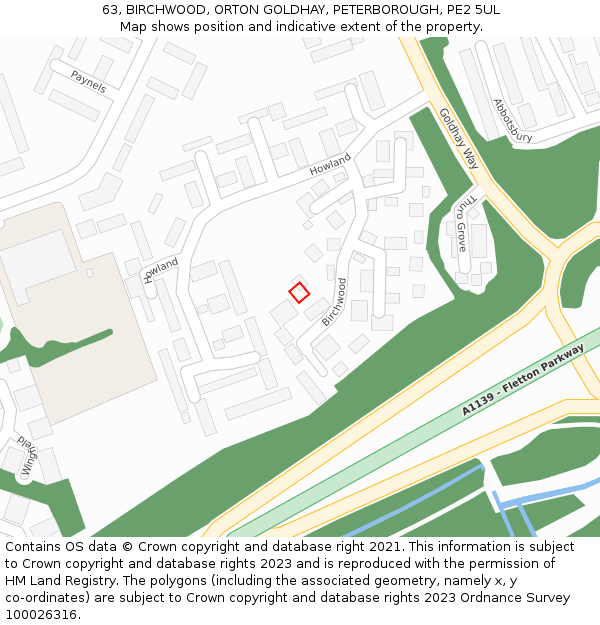 63, BIRCHWOOD, ORTON GOLDHAY, PETERBOROUGH, PE2 5UL: Location map and indicative extent of plot
