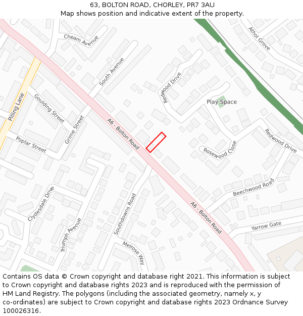 63, BOLTON ROAD, CHORLEY, PR7 3AU: Location map and indicative extent of plot