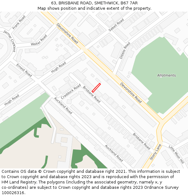 63, BRISBANE ROAD, SMETHWICK, B67 7AR: Location map and indicative extent of plot