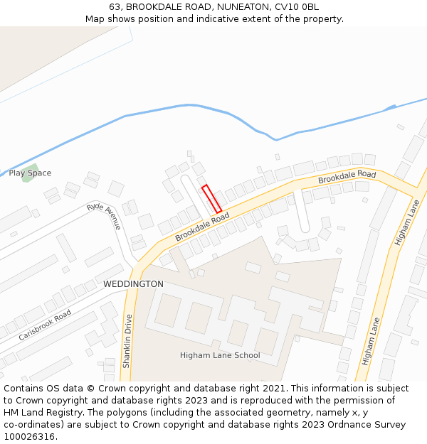 63, BROOKDALE ROAD, NUNEATON, CV10 0BL: Location map and indicative extent of plot