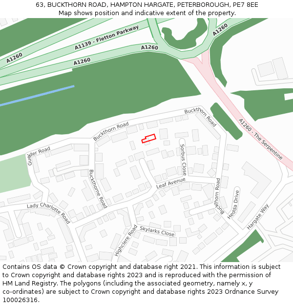 63, BUCKTHORN ROAD, HAMPTON HARGATE, PETERBOROUGH, PE7 8EE: Location map and indicative extent of plot