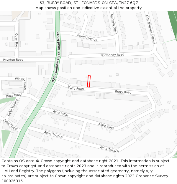 63, BURRY ROAD, ST LEONARDS-ON-SEA, TN37 6QZ: Location map and indicative extent of plot