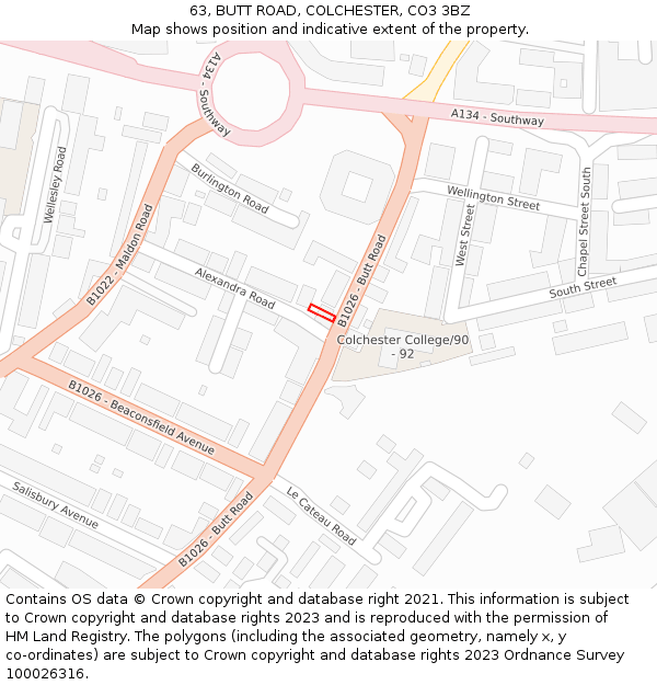 63, BUTT ROAD, COLCHESTER, CO3 3BZ: Location map and indicative extent of plot