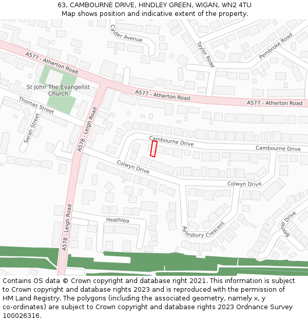 63, CAMBOURNE DRIVE, HINDLEY GREEN, WIGAN, WN2 4TU: Location map and indicative extent of plot
