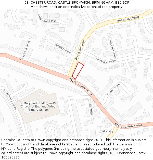 63, CHESTER ROAD, CASTLE BROMWICH, BIRMINGHAM, B36 9DP: Location map and indicative extent of plot