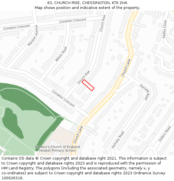 63, CHURCH RISE, CHESSINGTON, KT9 2HA: Location map and indicative extent of plot