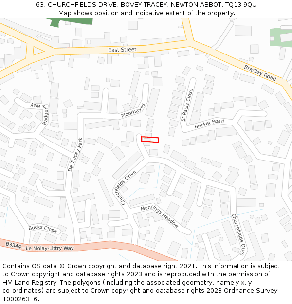 63, CHURCHFIELDS DRIVE, BOVEY TRACEY, NEWTON ABBOT, TQ13 9QU: Location map and indicative extent of plot