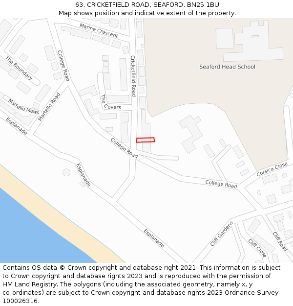 63, CRICKETFIELD ROAD, SEAFORD, BN25 1BU: Location map and indicative extent of plot