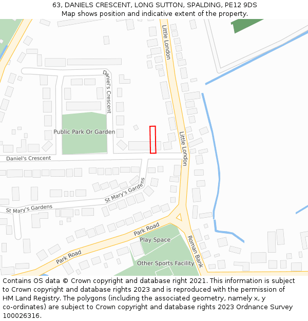 63, DANIELS CRESCENT, LONG SUTTON, SPALDING, PE12 9DS: Location map and indicative extent of plot