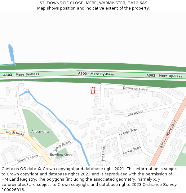 63, DOWNSIDE CLOSE, MERE, WARMINSTER, BA12 6AS: Location map and indicative extent of plot