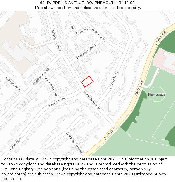 63, DURDELLS AVENUE, BOURNEMOUTH, BH11 9EJ: Location map and indicative extent of plot