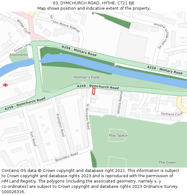 63, DYMCHURCH ROAD, HYTHE, CT21 6JE: Location map and indicative extent of plot